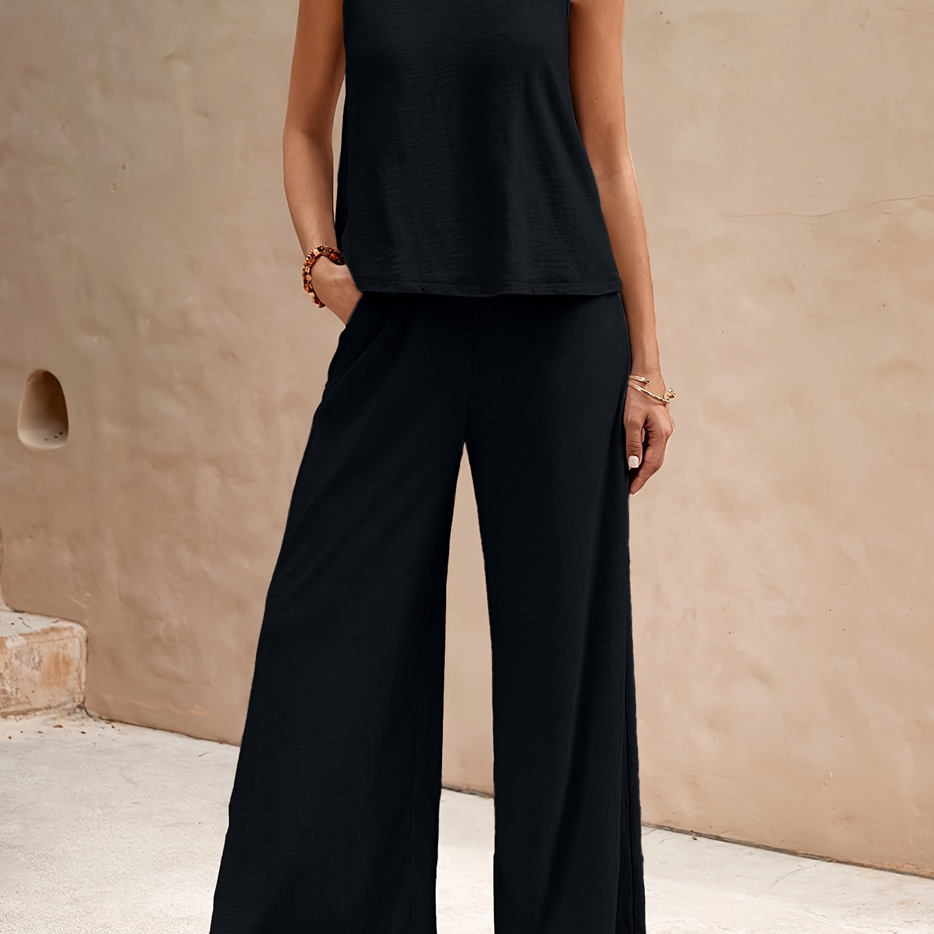 Women's Two-Piece Lounge Set - Sleeveless Top and Wide-Leg Pants