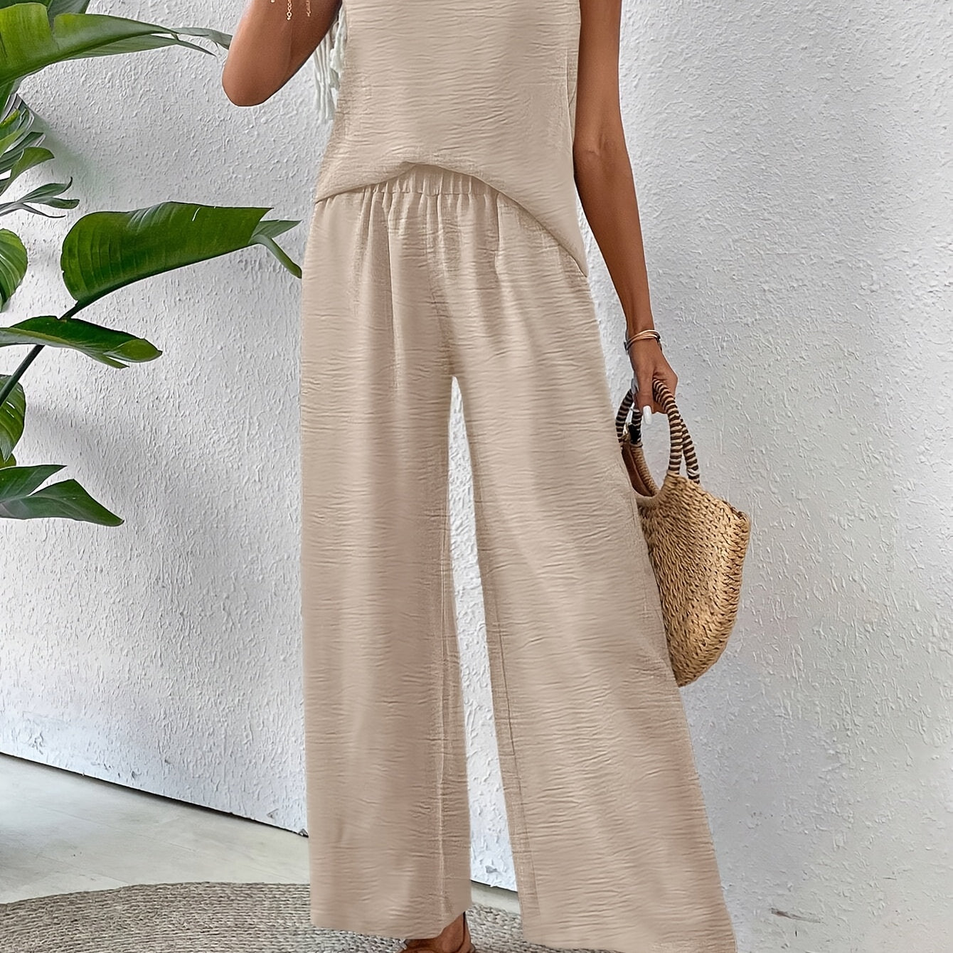 Women's Two-Piece Lounge Set - Crochet-Back Detail and Wide-Leg Pants