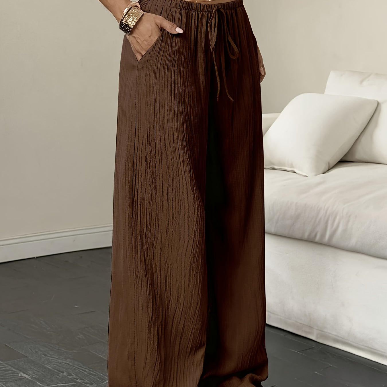 Women's Wide-Leg Trousers - Drawstring Waist and Textured Finish