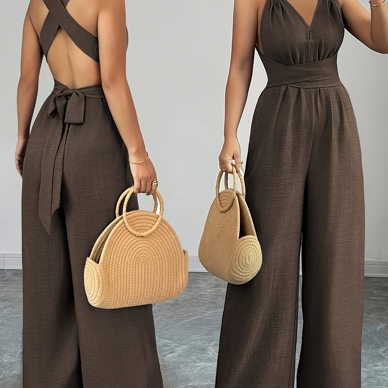 Women's Wide-Leg Jumpsuit - Backless Design and Tie-Back Closure