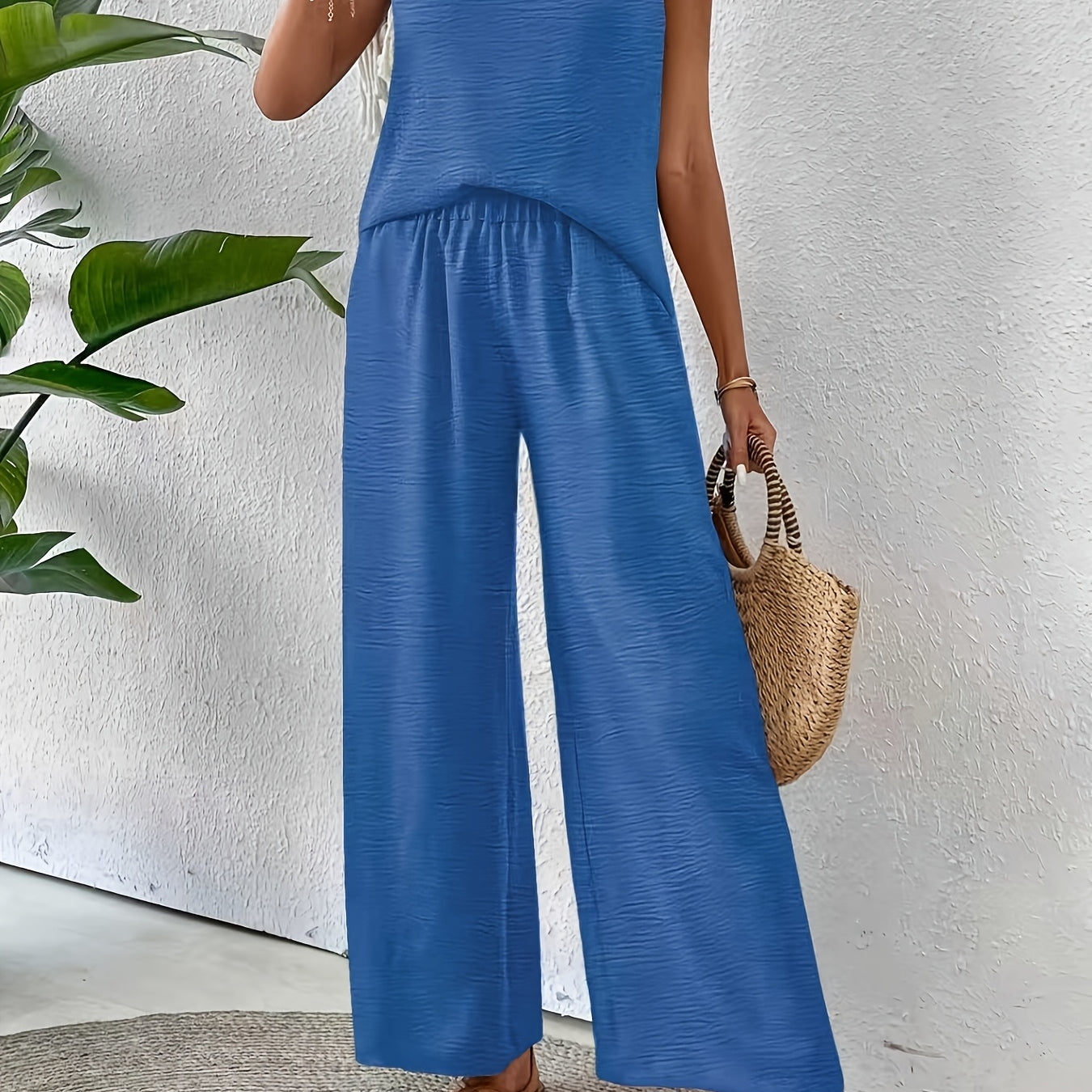 Women's Two-Piece Lounge Set - Crochet-Back Detail and Wide-Leg Pants