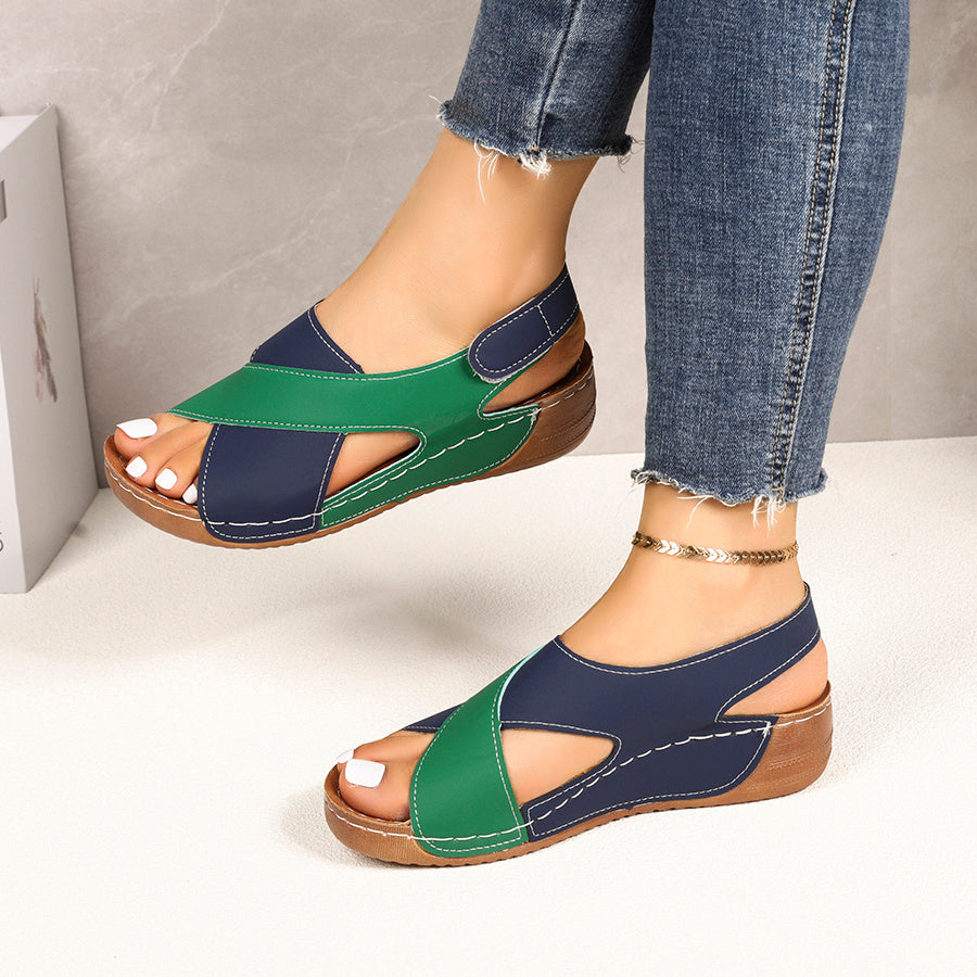Women's Wedge Sandals - Contrast Color-Block Upper and Hook-and-Loop Strap