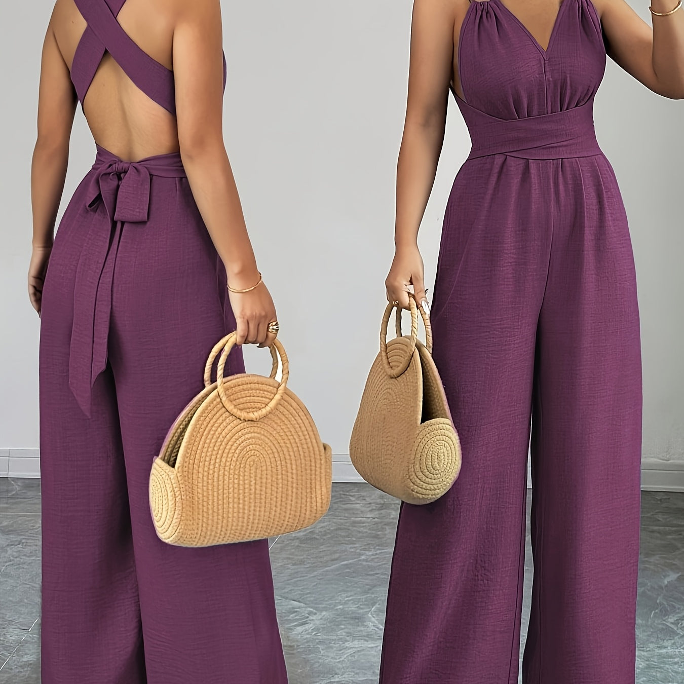 Women's Wide-Leg Jumpsuit - Backless Design and Tie-Back Closure