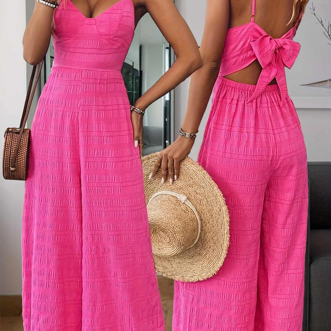 Women's Crinkle Wide-Leg Jumpsuit - Sweetheart Neckline and Tie-Back Bow