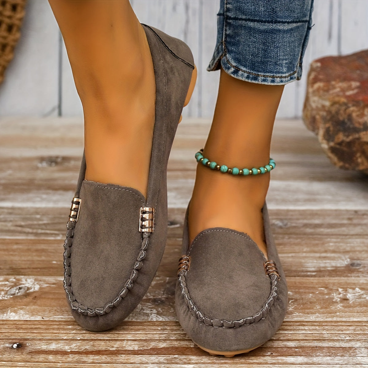 Women's Suede Loafers - Whipstitch Detailing and Slip-On Design