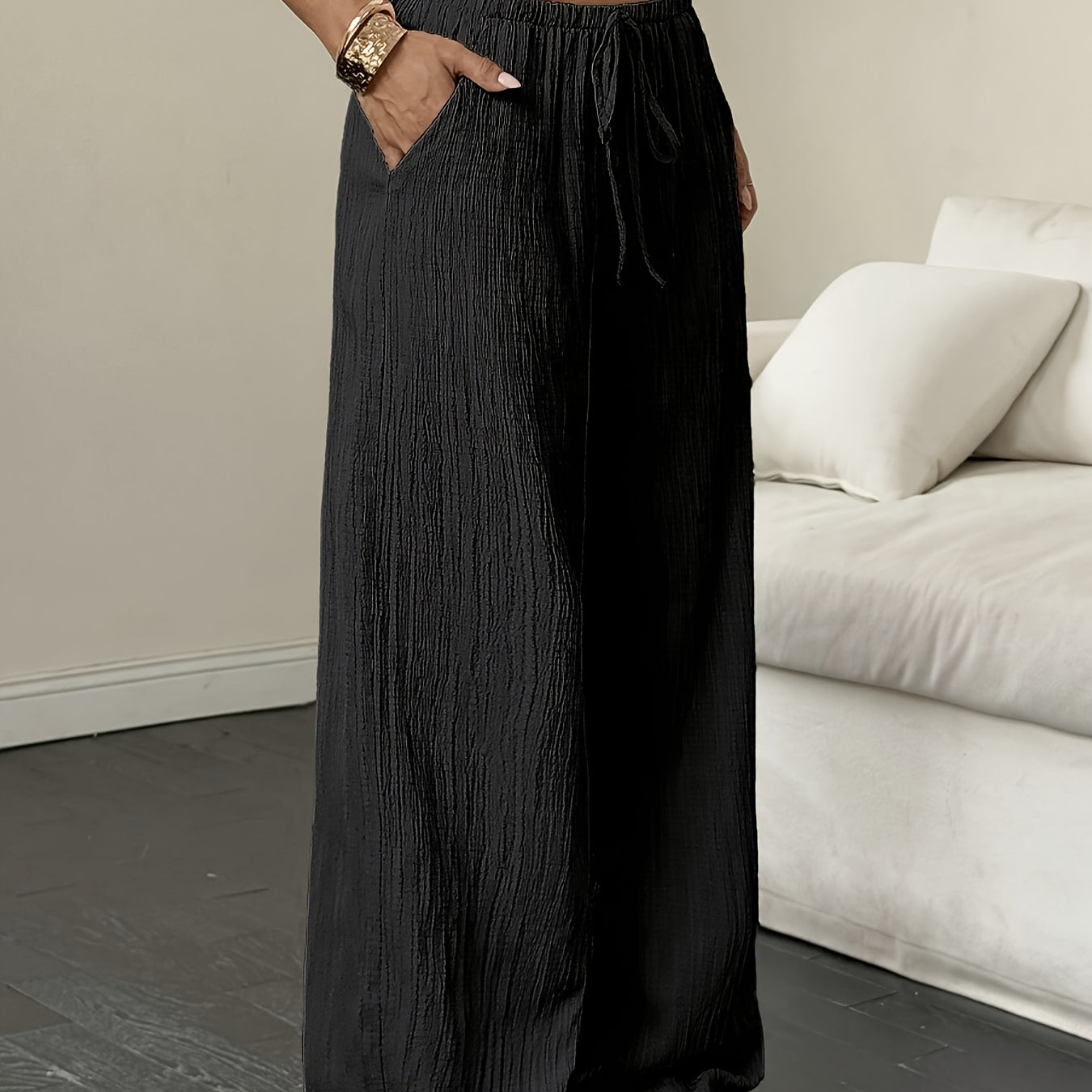 Women's Wide-Leg Trousers - Drawstring Waist and Textured Finish