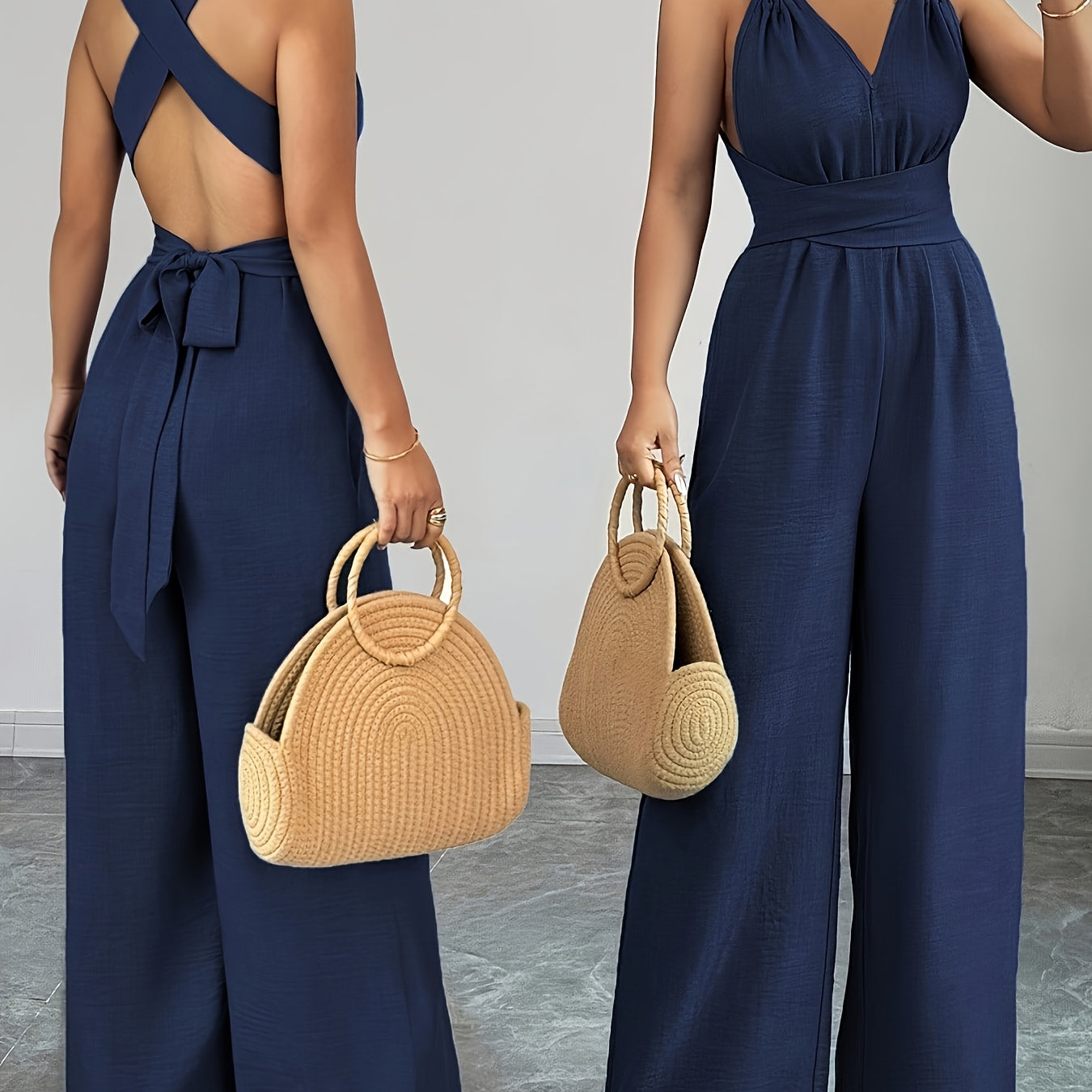 Women's Wide-Leg Jumpsuit - Backless Design and Tie-Back Closure
