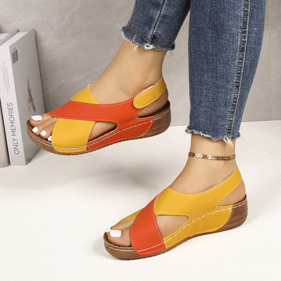 Women's Wedge Sandals - Contrast Color-Block Upper and Hook-and-Loop Strap