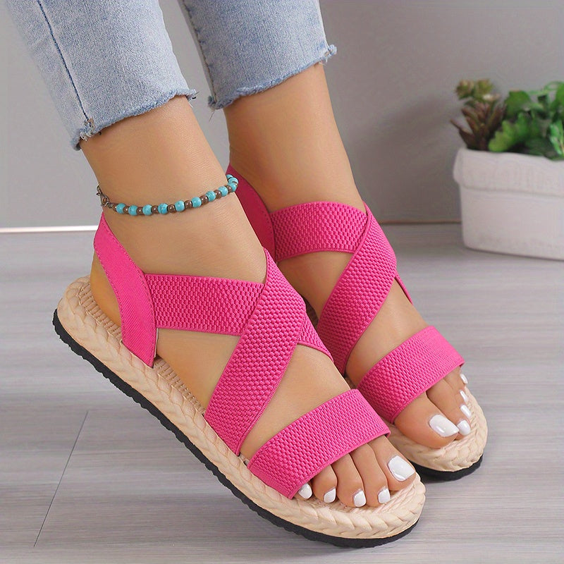 Women's Elastic Sandals - Criss-Cross Strap Design and Braided Rope Sole