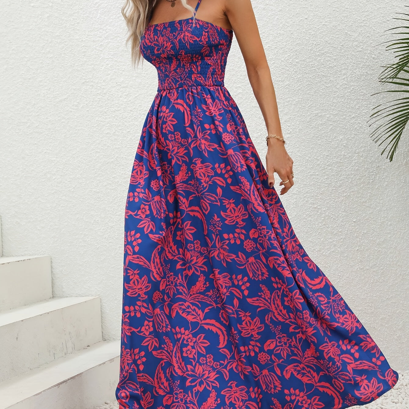 Women's Purple Floral Maxi Dress - Smocked Bodice and Spaghetti Straps