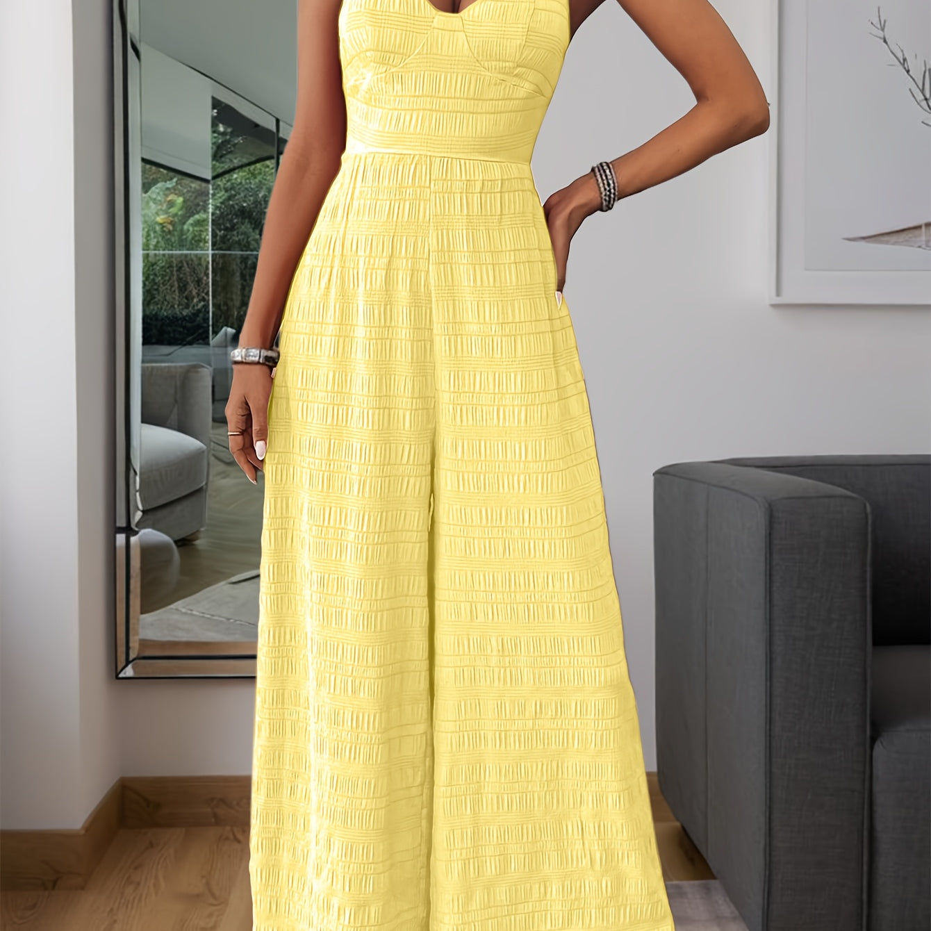 Women's Crinkle Wide-Leg Jumpsuit - Sweetheart Neckline and Tie-Back Bow