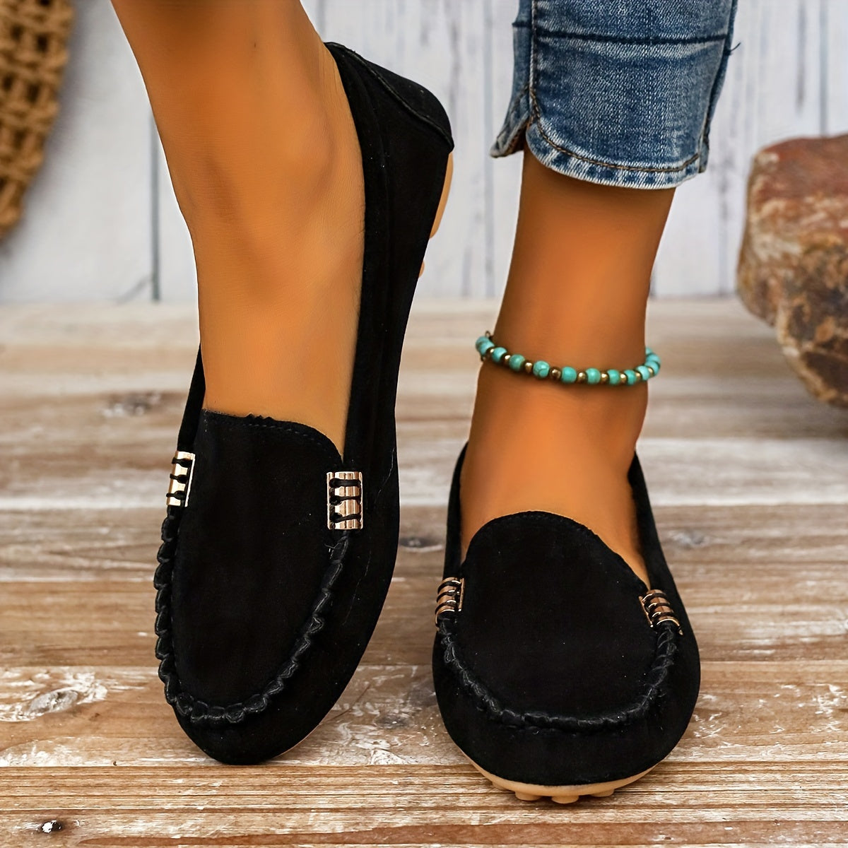 Women's Suede Loafers - Whipstitch Detailing and Slip-On Design