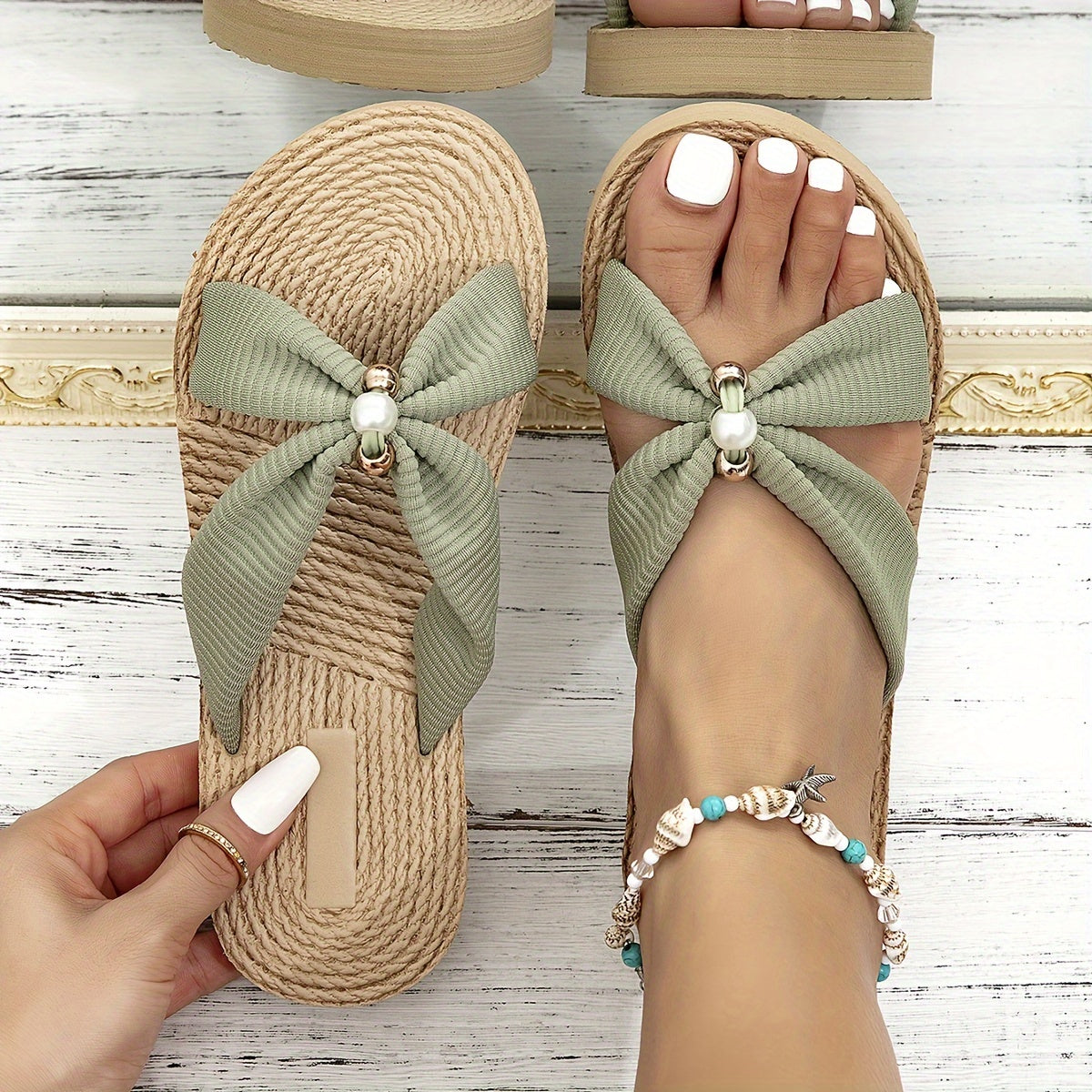 Women's Bow Slides - Pearl Accents and Braided Rope Sole