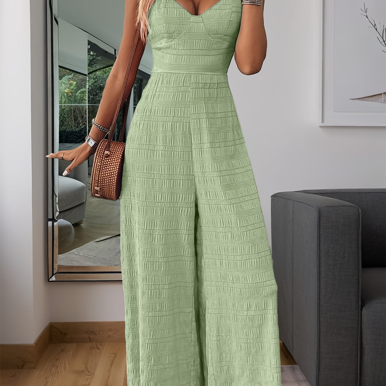 Women's Crinkle Wide-Leg Jumpsuit - Sweetheart Neckline and Tie-Back Bow