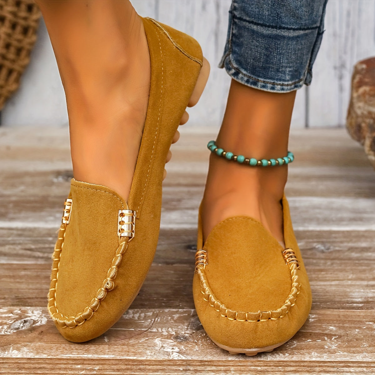 Women's Suede Loafers - Whipstitch Detailing and Slip-On Design