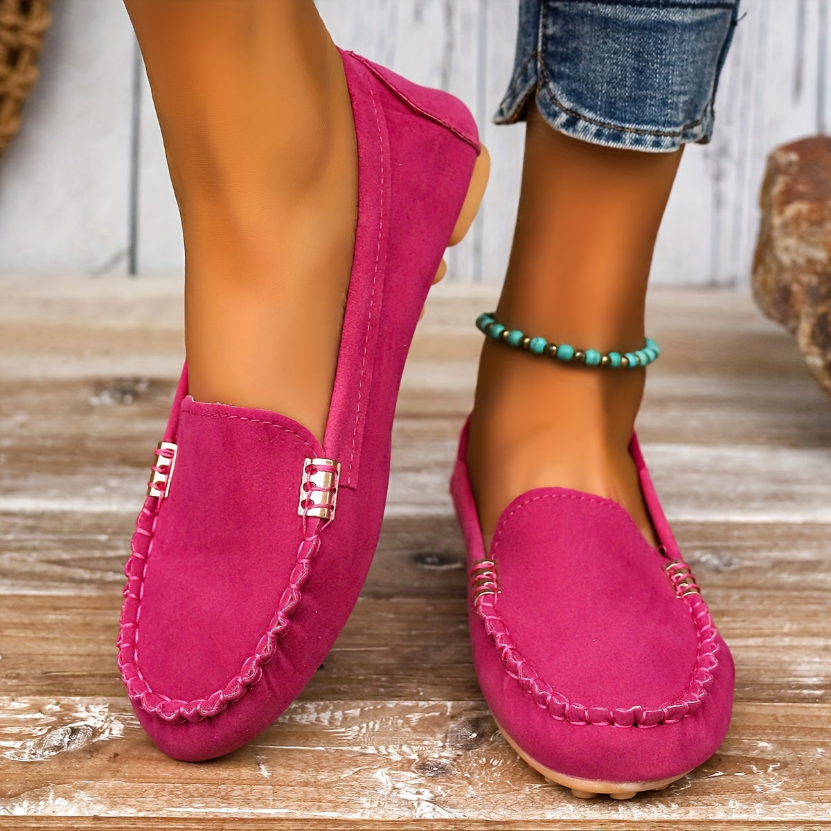 Women's Suede Loafers - Whipstitch Detailing and Slip-On Design