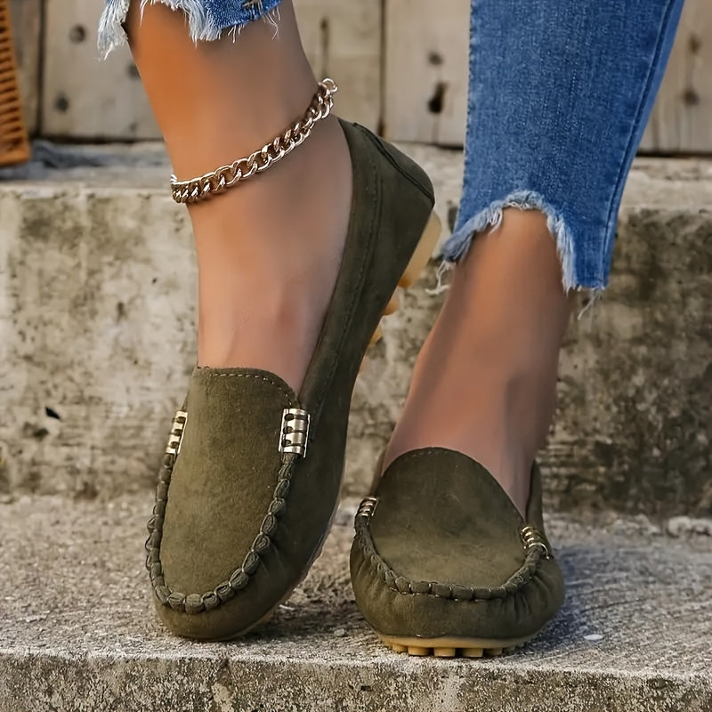 Women's Suede Loafers - Whipstitch Detailing and Slip-On Design
