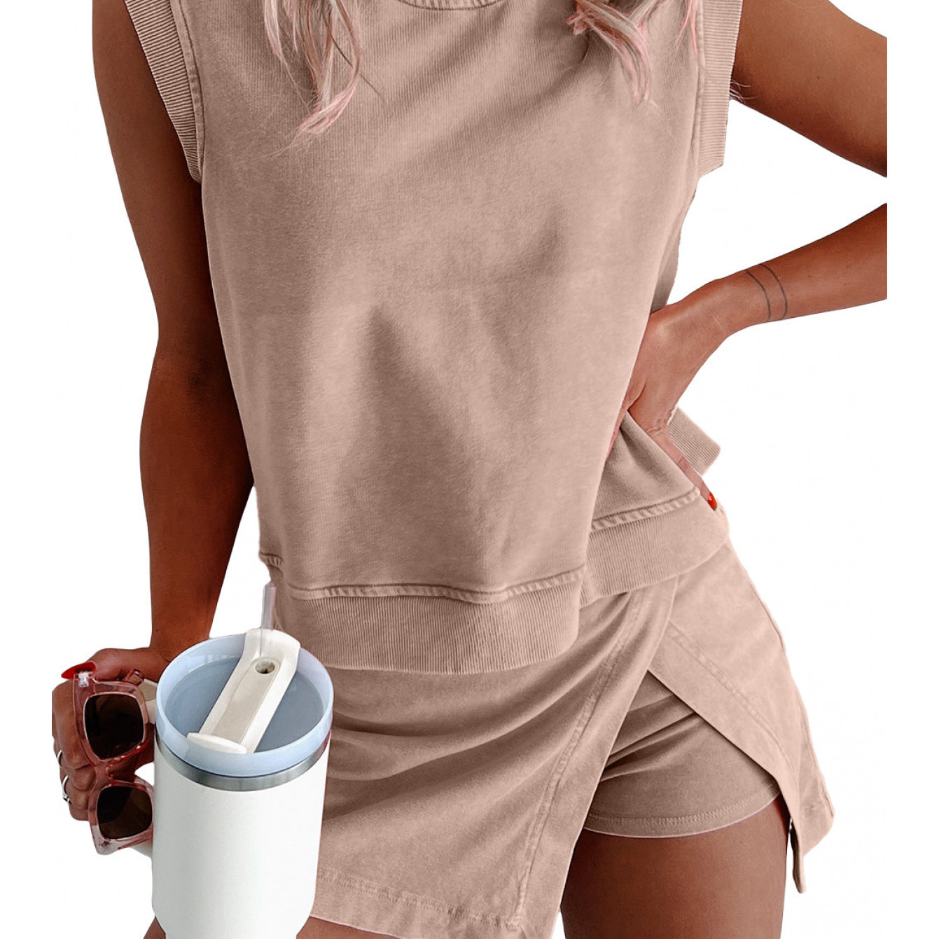 Women's Two-Piece Skort Set - Sleeveless Muscle Tee and Wrap Skort