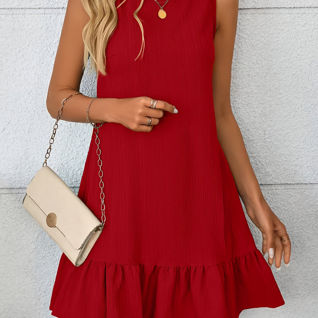Women's Sleeveless Mini Dress - Ruffle Hem and Round Neckline