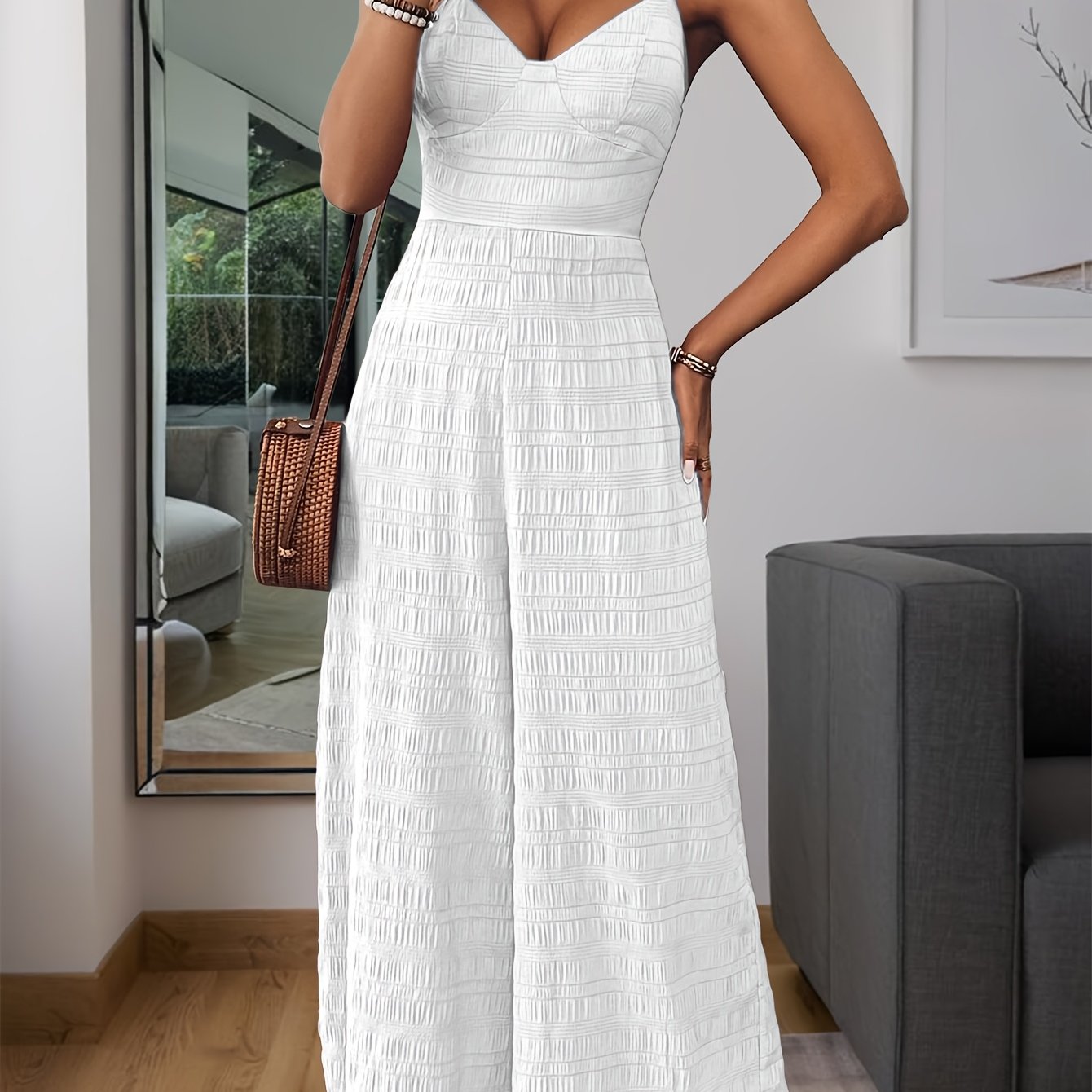 Women's Crinkle Wide-Leg Jumpsuit - Sweetheart Neckline and Tie-Back Bow