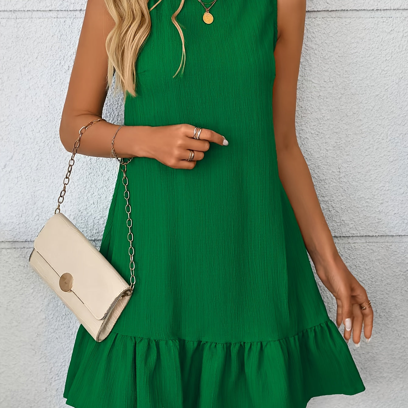 Women's Sleeveless Mini Dress - Ruffle Hem and Round Neckline