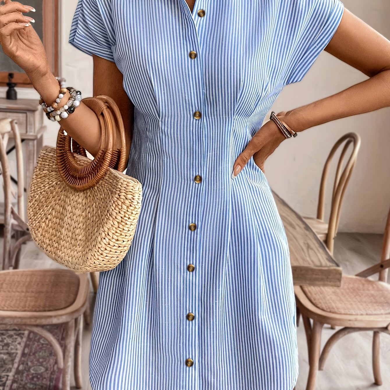 Women's Striped Mini Shirt Dress - Short Sleeves and Pleated Waist