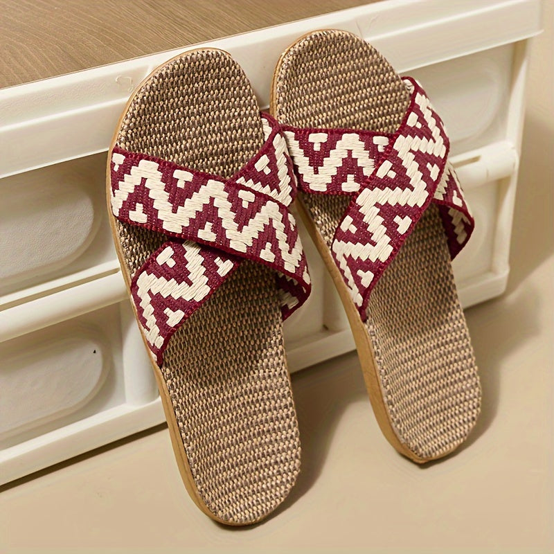 Women's Bohemian Slippers - Criss-Cross Woven Straps and Textured Flax Footbed
