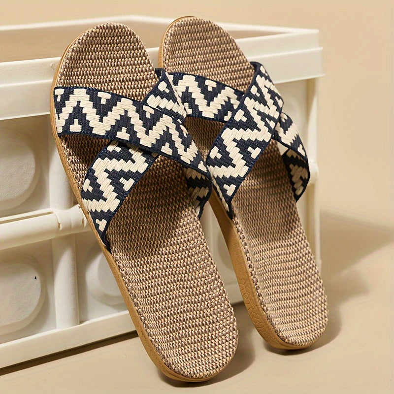 Women's Bohemian Slippers - Criss-Cross Woven Straps and Textured Flax Footbed