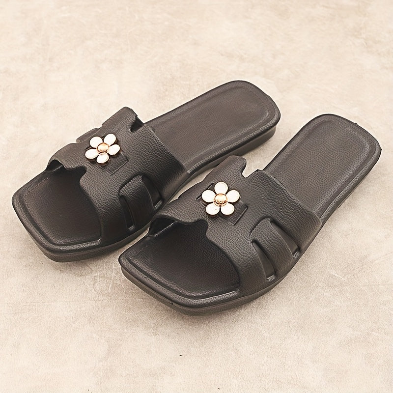 Women's Slide Sandals - Decorative Charm Accents and Textured Wide Band