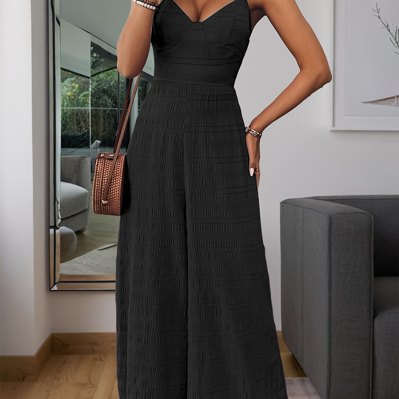 Women's Crinkle Wide-Leg Jumpsuit - Sweetheart Neckline and Tie-Back Bow