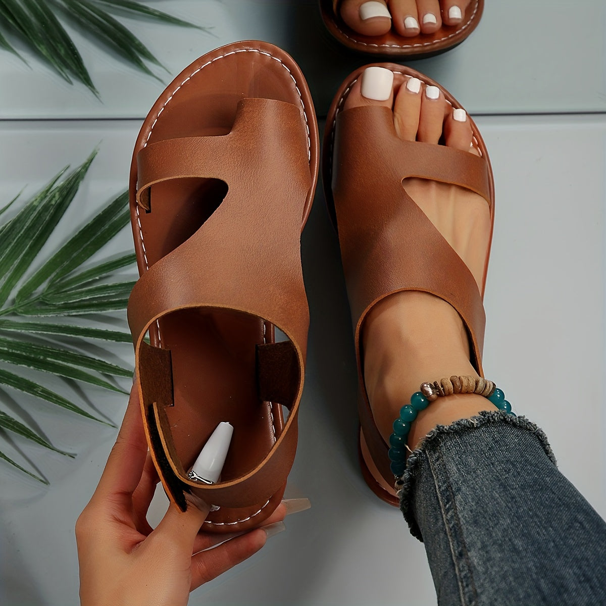 Women's Asymmetrical Sandals - Toe-Loop Design and Contrast Stitching