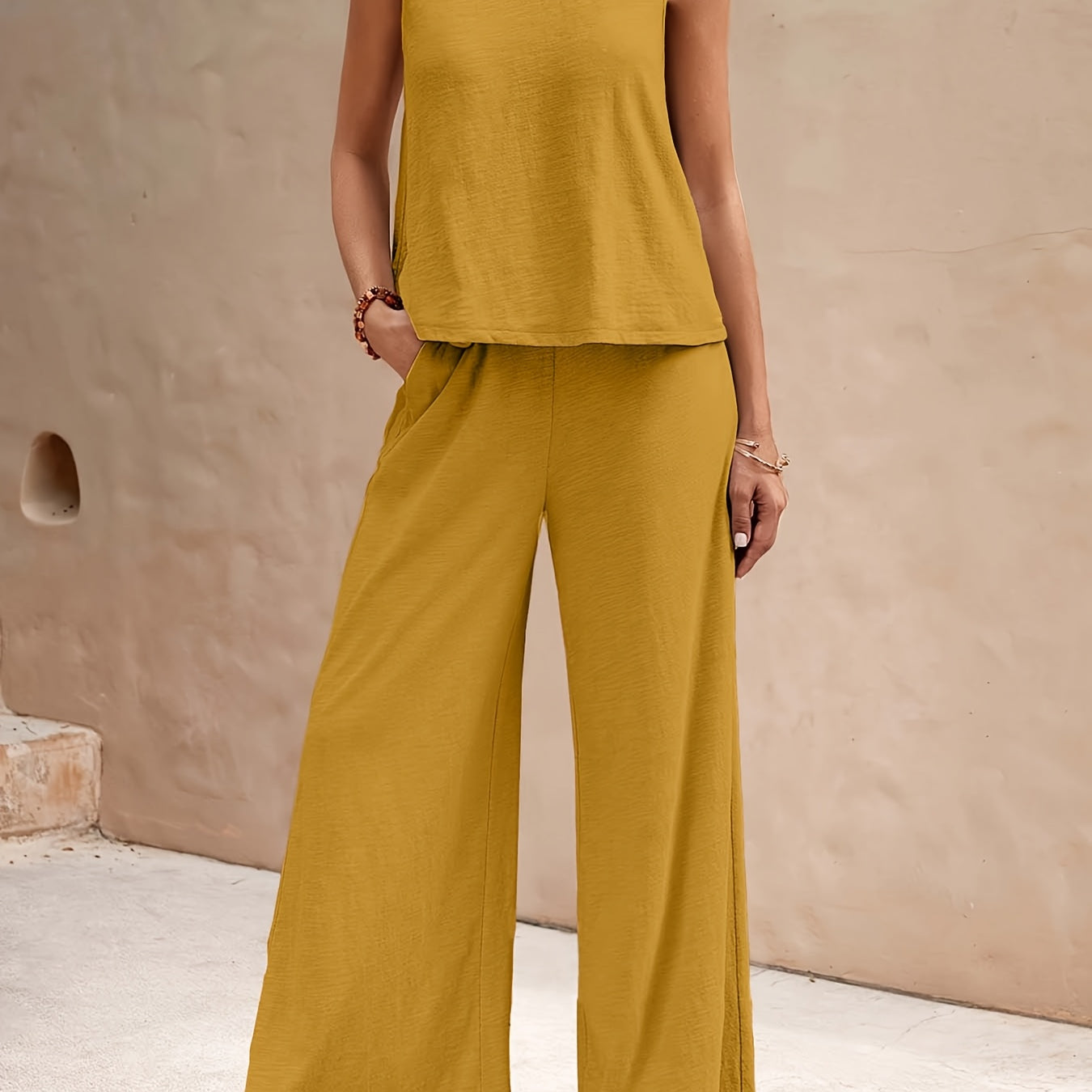 Women's Two-Piece Lounge Set - Sleeveless Top and Wide-Leg Pants
