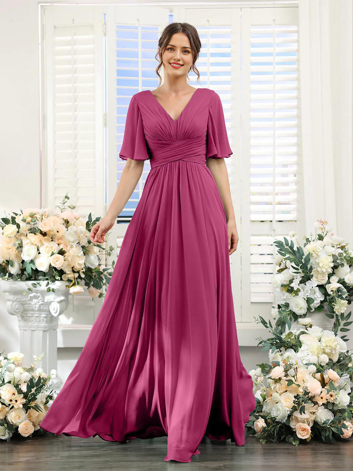 Women's Chiffon Dress – Elegant V-Neck with High Slit for Weddings and Formal Events 10