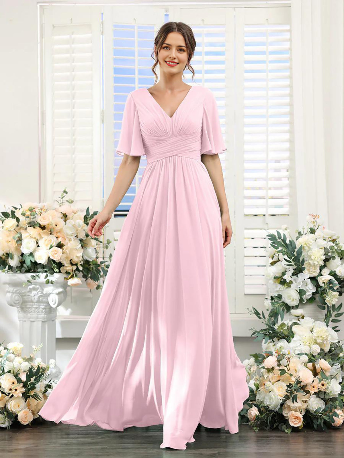 Women's Chiffon Dress – Elegant V-Neck with High Slit for Weddings and Formal Events 11