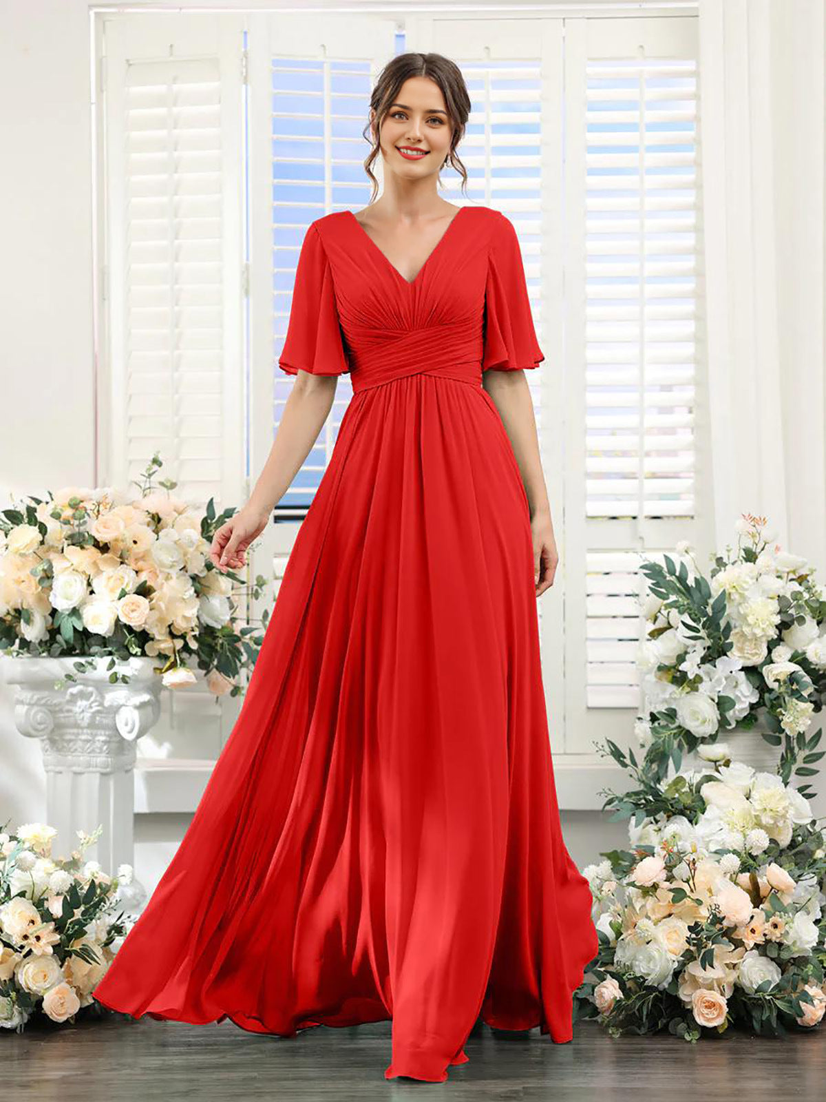 Women's Chiffon Dress – Elegant V-Neck with High Slit for Weddings and Formal Events 12