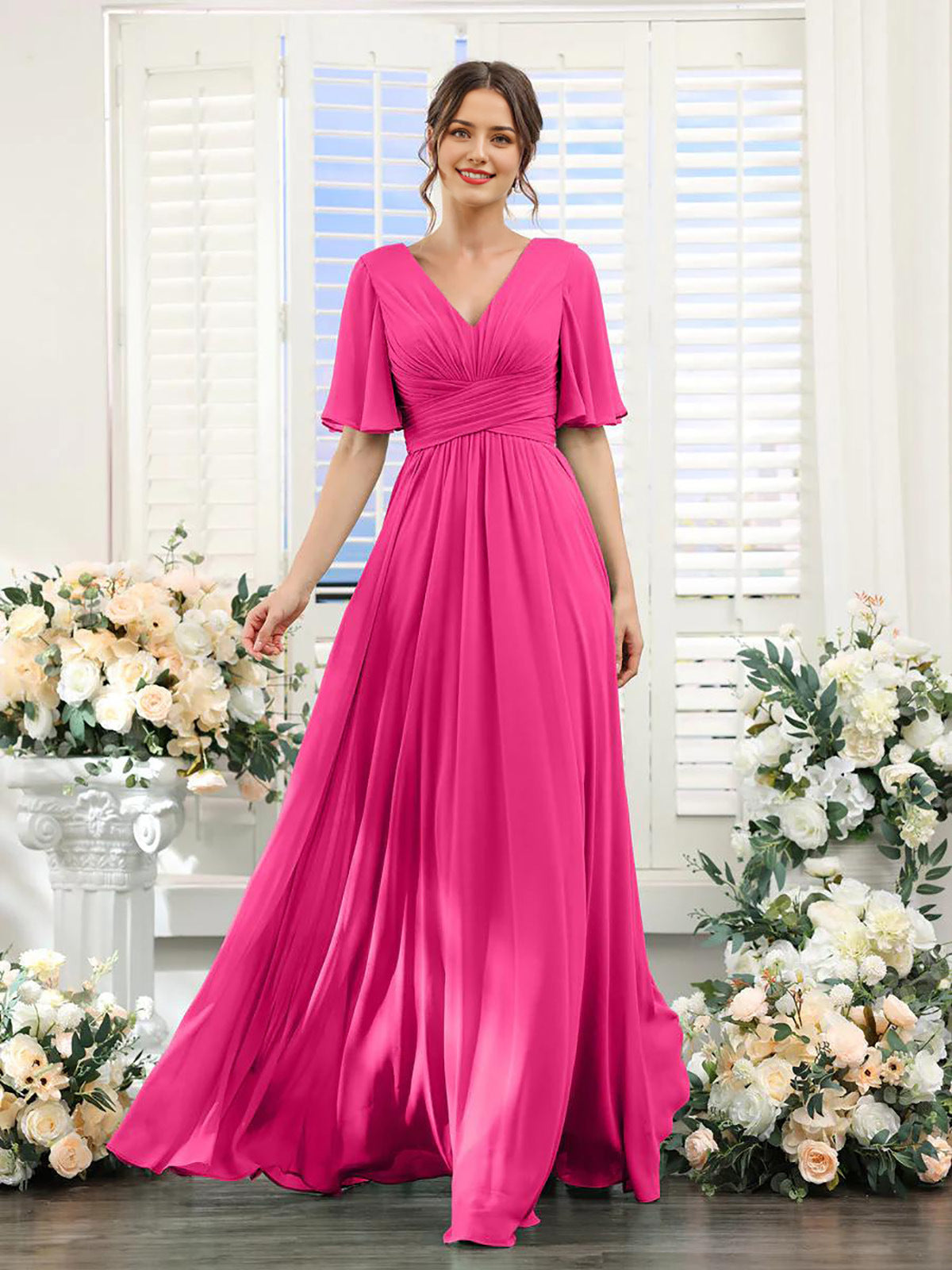 Women's Chiffon Dress – Elegant V-Neck with High Slit for Weddings and Formal Events 13