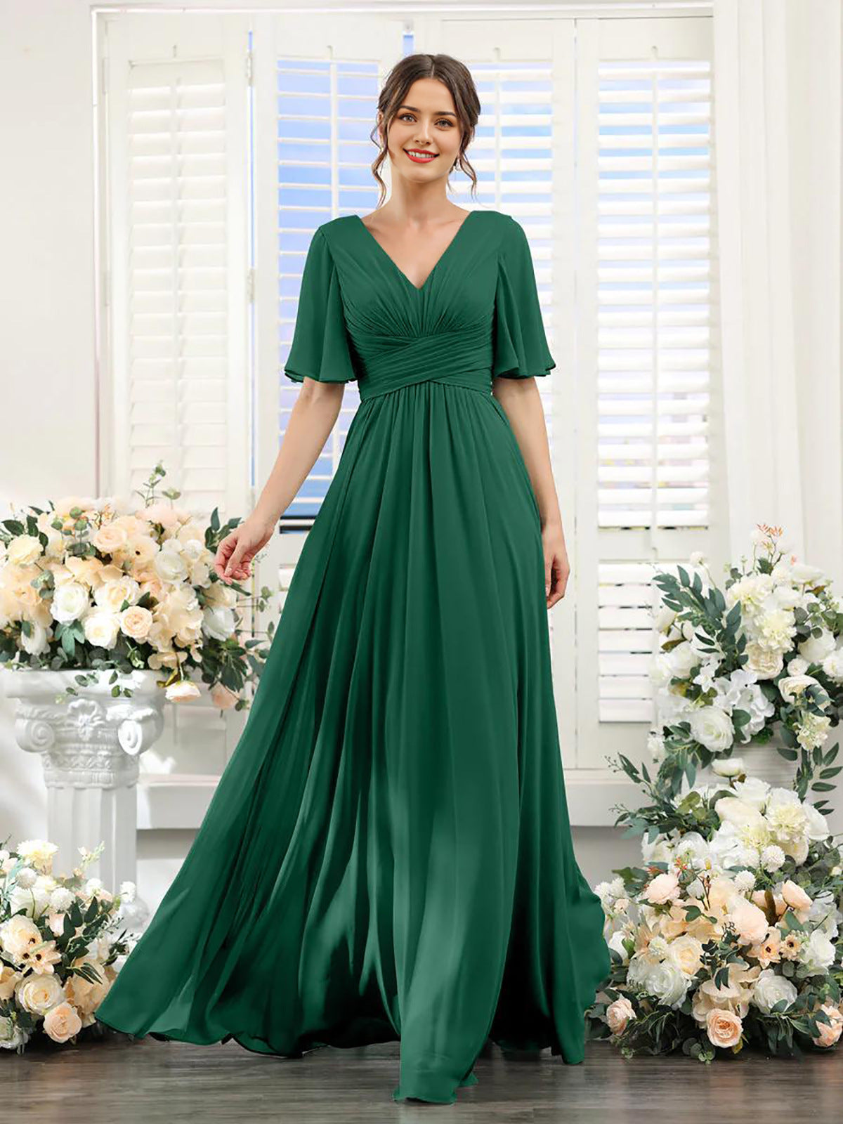 Women's Chiffon Dress – Elegant V-Neck with High Slit for Weddings and Formal Events 16
