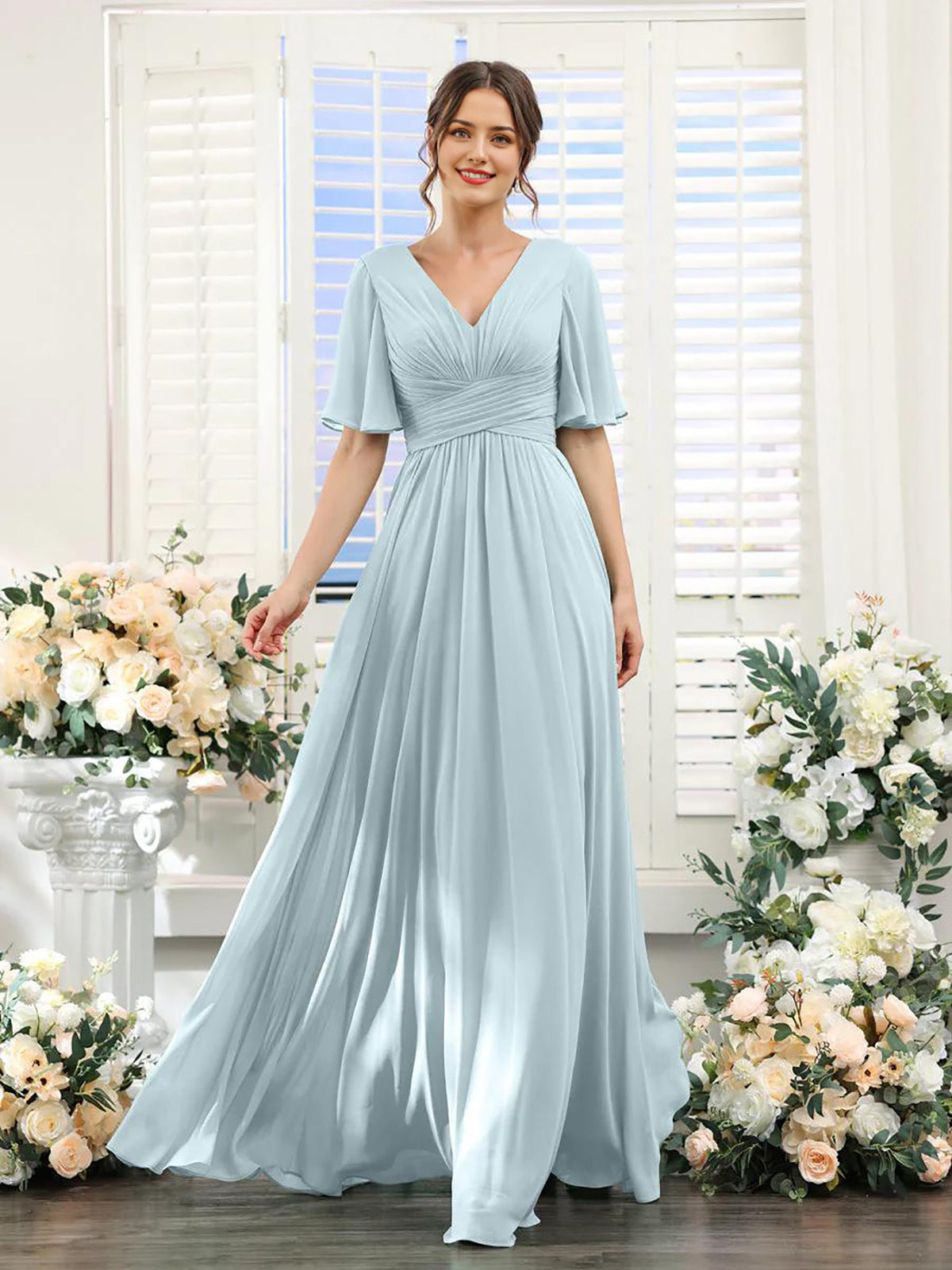 Women's Chiffon Dress – Elegant V-Neck with High Slit for Weddings and Formal Events 17