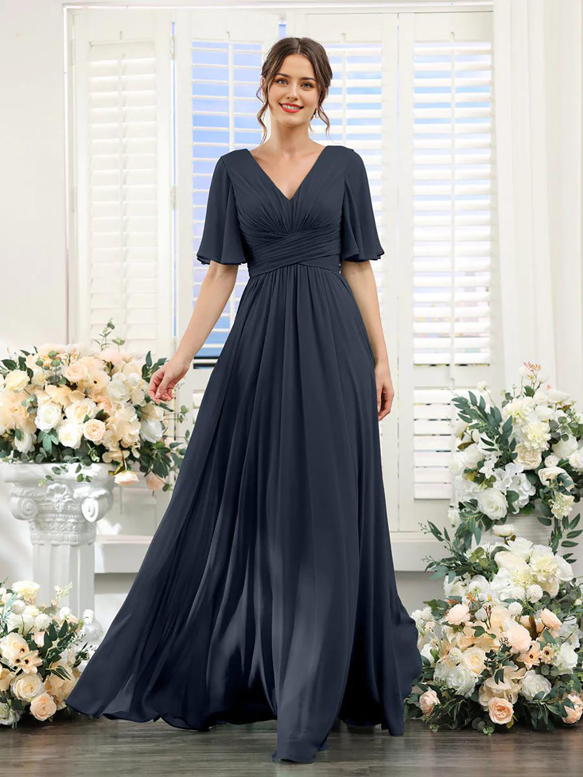 Women's Chiffon Dress – Elegant V-Neck with High Slit for Weddings and Formal Events 4
