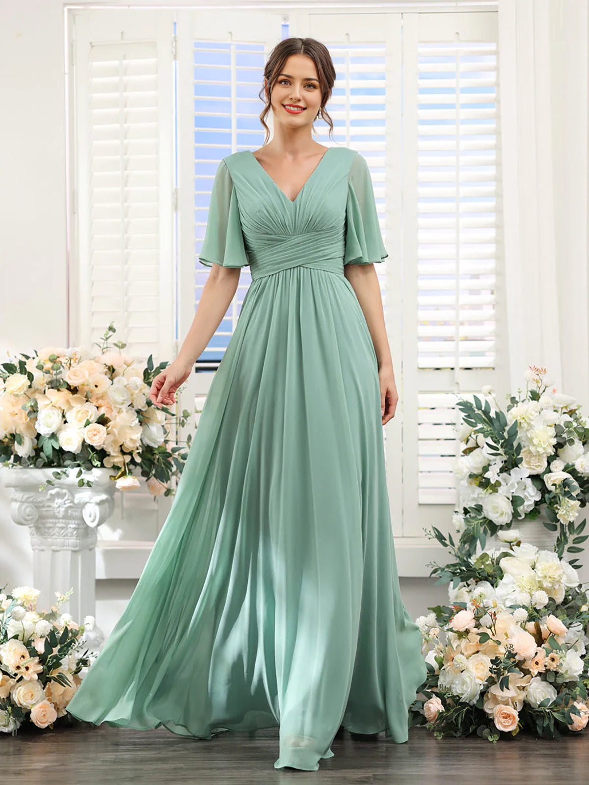 Women's Chiffon Dress – Elegant V-Neck with High Slit for Weddings and Formal Events 7