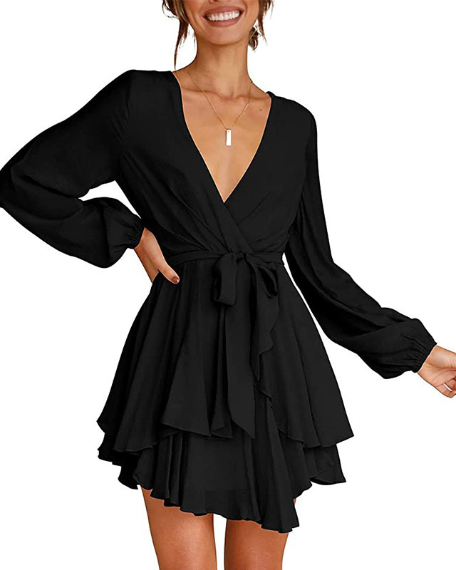 Women’s V-Neck Dress – Stylish Lantern Sleeves for Effortless Elegance 0