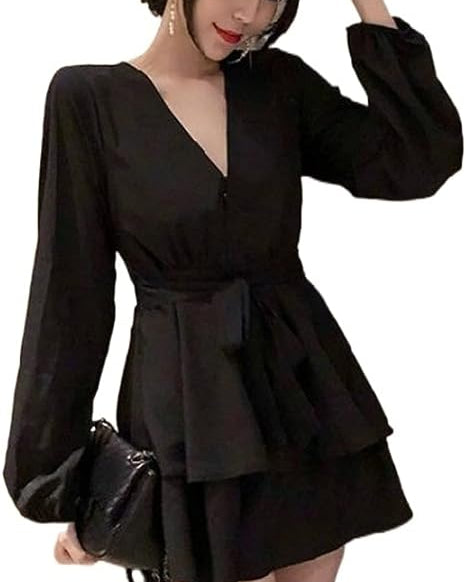 Women’s V-Neck Dress – Stylish Lantern Sleeves for Effortless Elegance 1