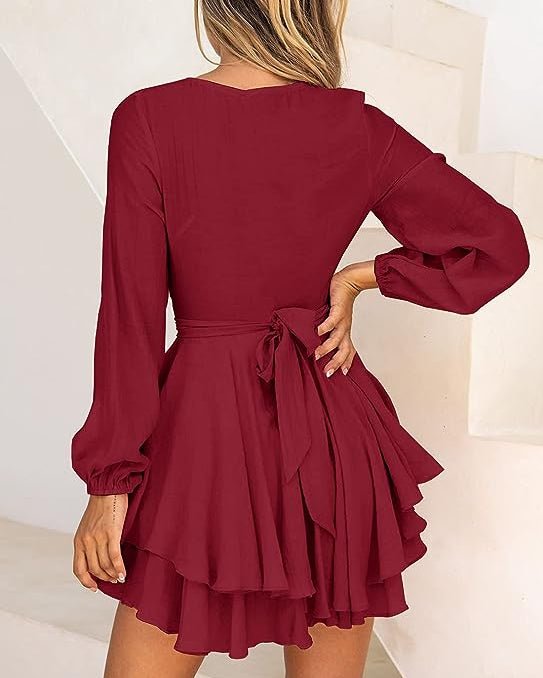Women’s V-Neck Dress – Stylish Lantern Sleeves for Effortless Elegance 8