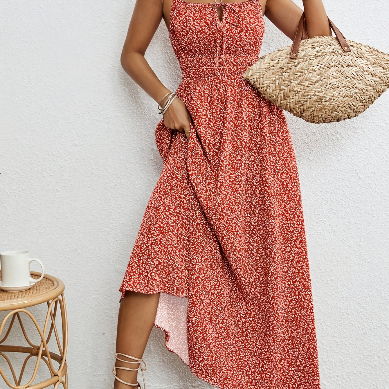 Women's Floral Maxi Dress - Smocked Waist and Tie-Front Neckline