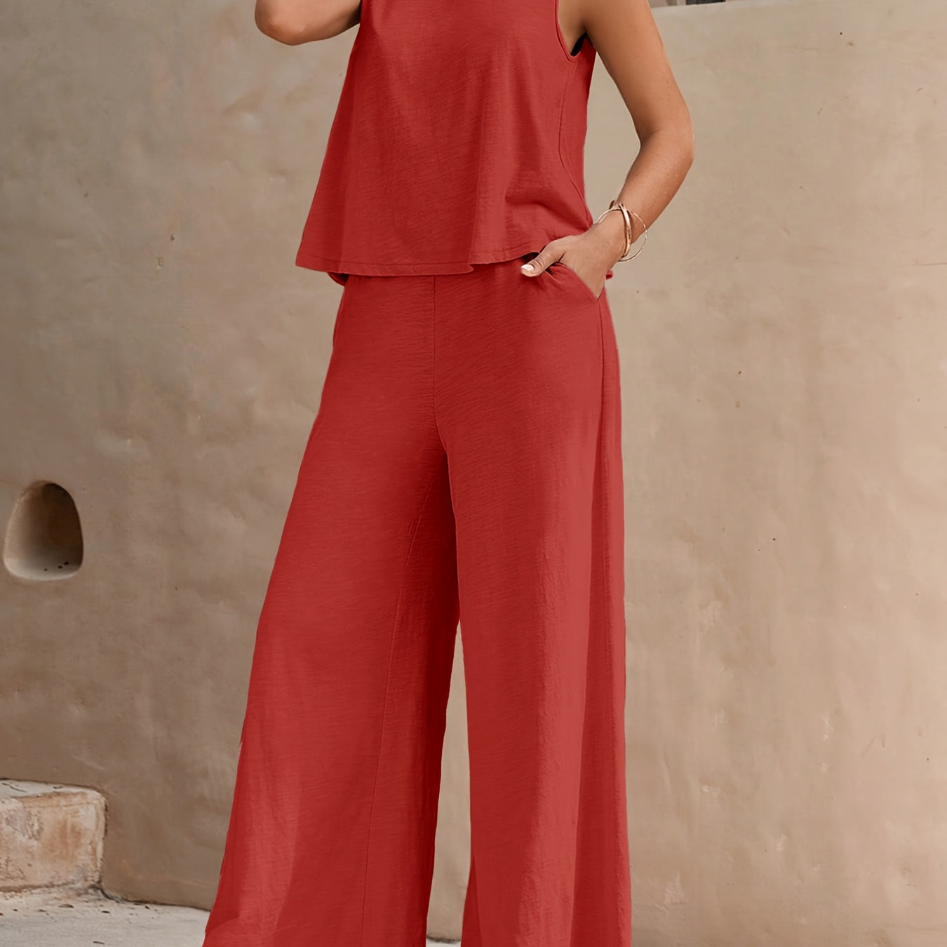 Women's Two-Piece Lounge Set - Sleeveless Top and Wide-Leg Pants
