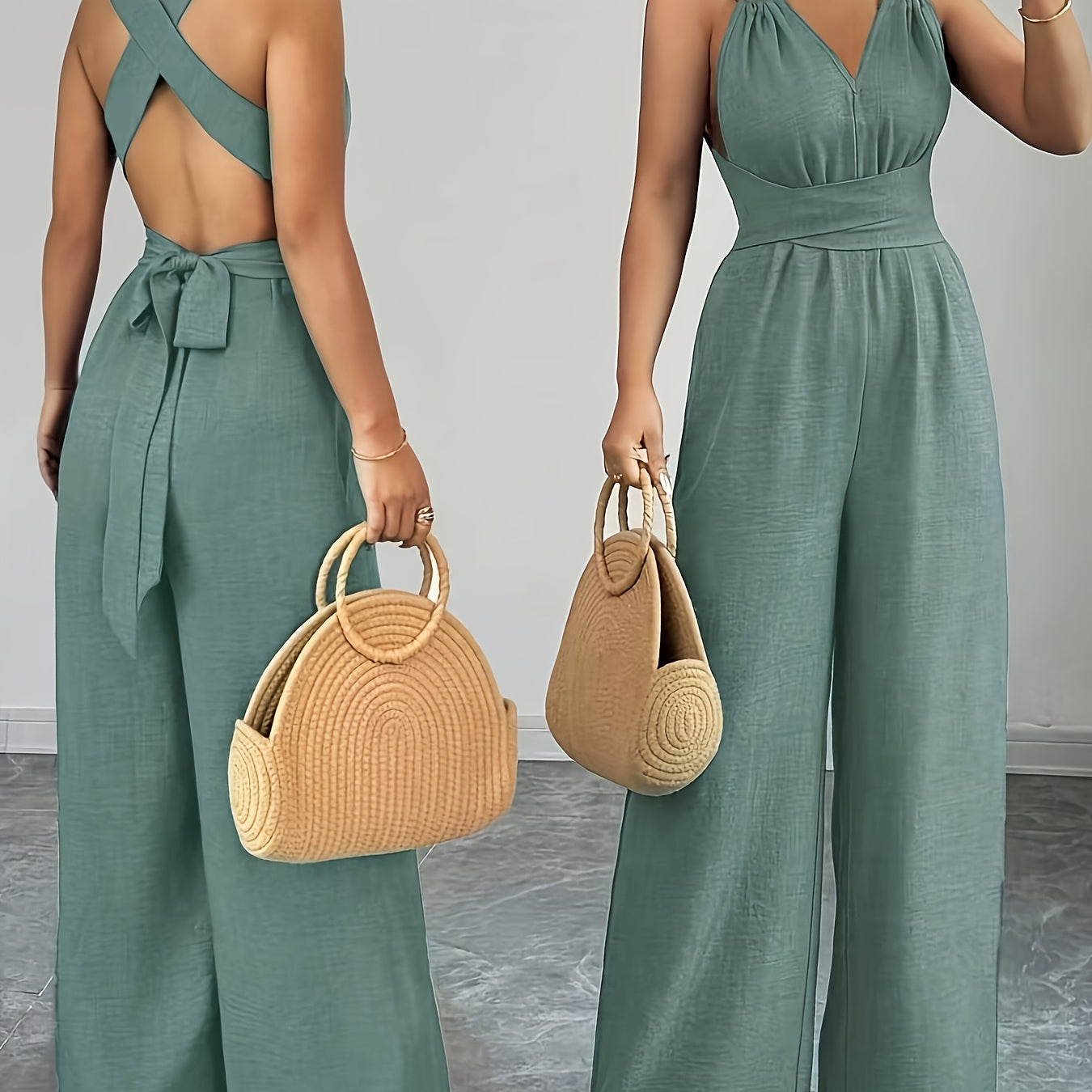 Women's Wide-Leg Jumpsuit - Backless Design and Tie-Back Closure