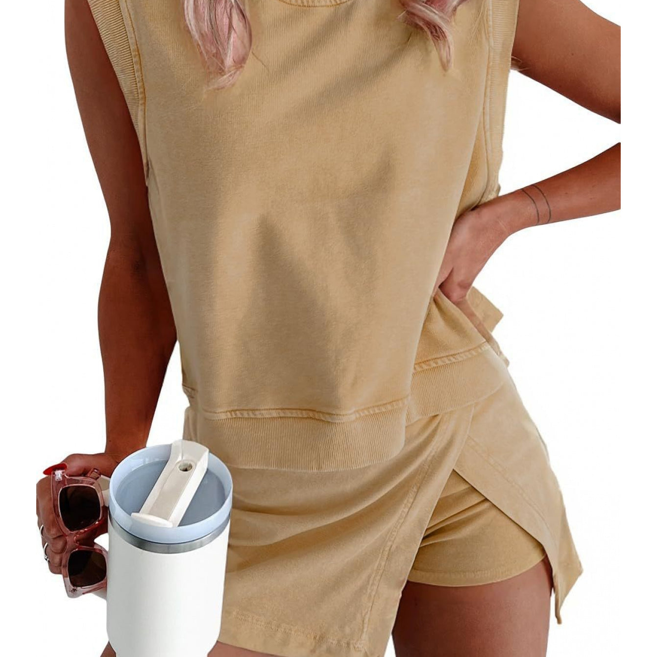 Women's Two-Piece Skort Set - Sleeveless Muscle Tee and Wrap Skort