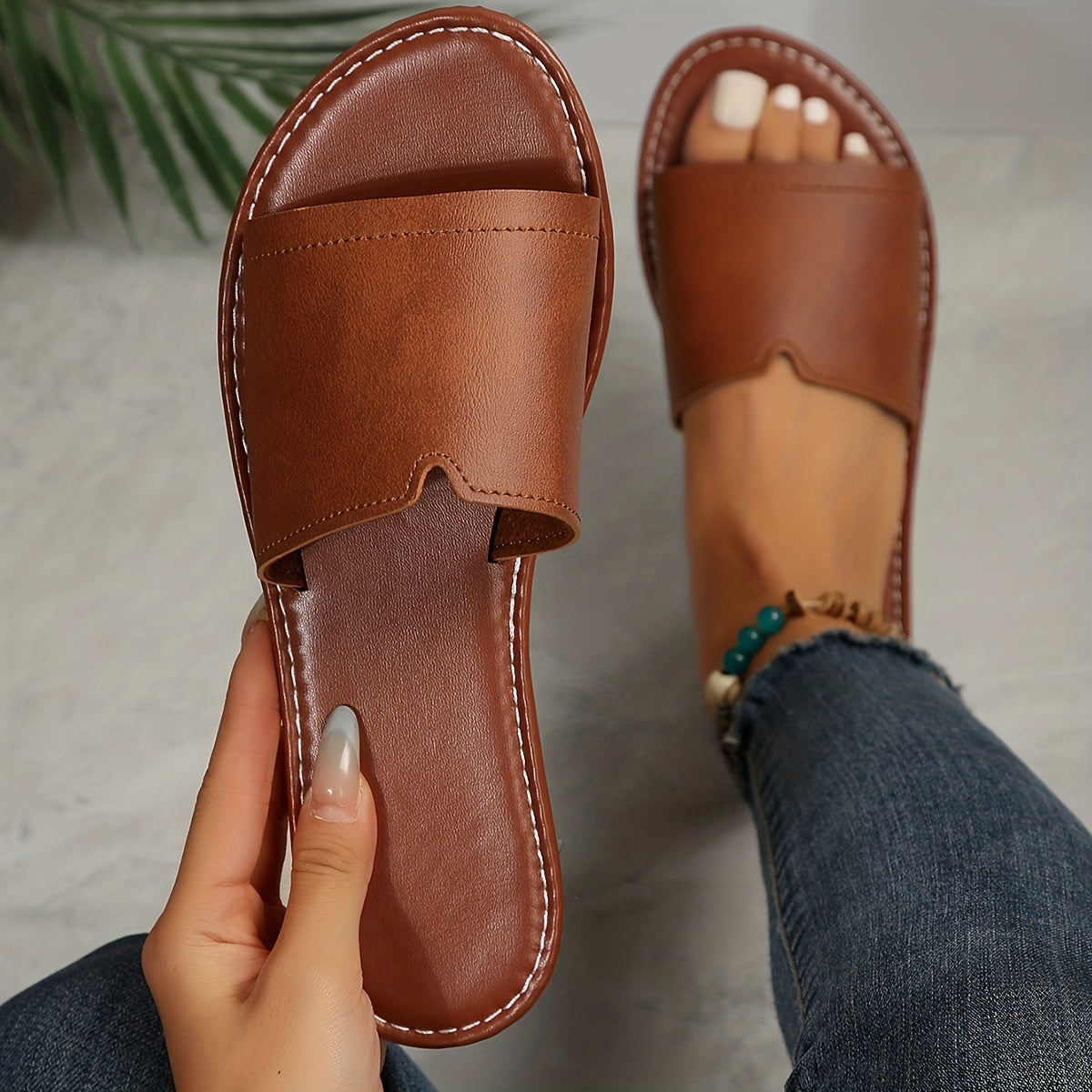 Women's Flat Sandals - Single Band Upper and Contrast Perimeter Stitching