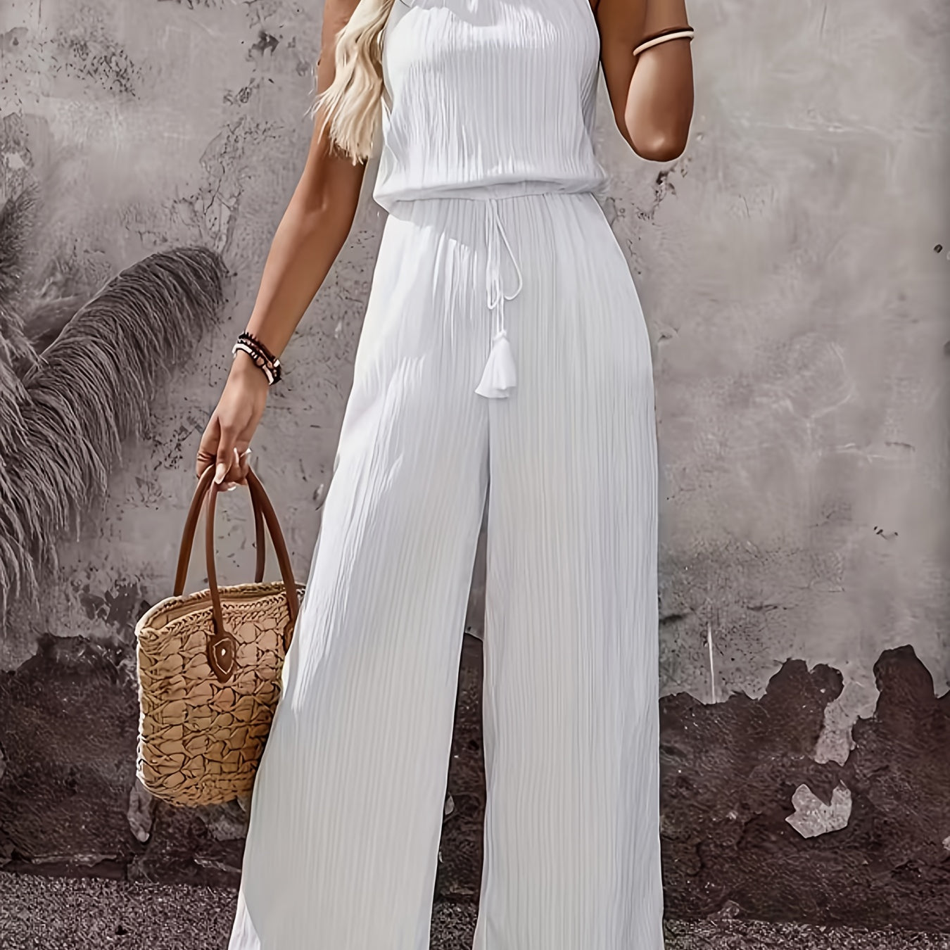 Women's White Plissé Jumpsuit - Halter Neckline and Tassel Drawstring