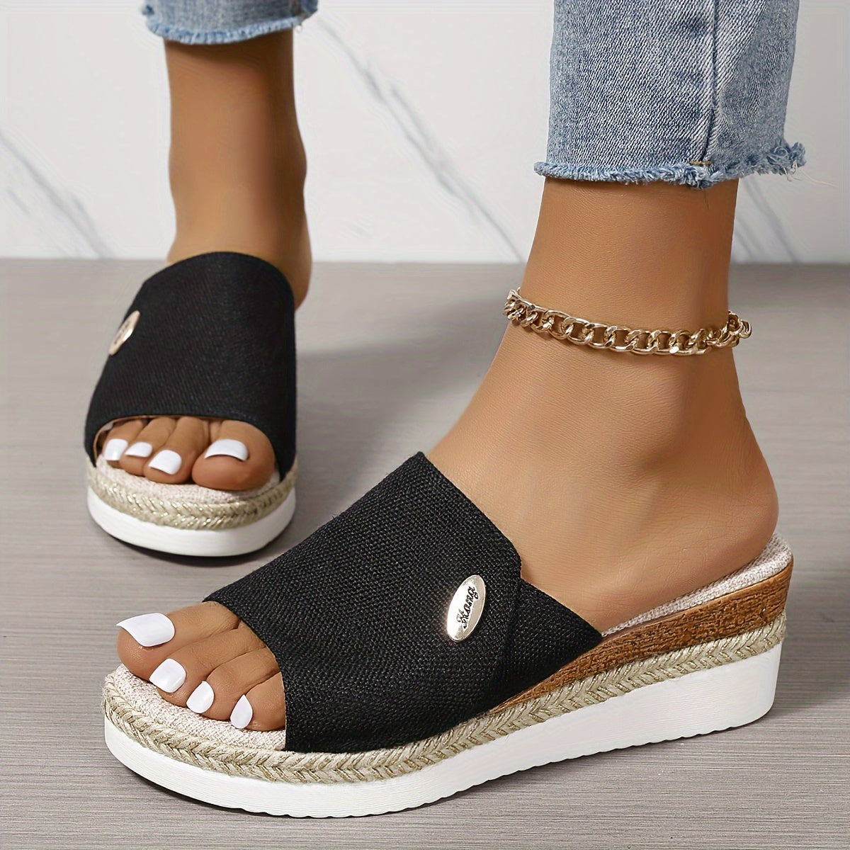 Women's Platform Slides - Wide Band Upper and Espadrille Trim